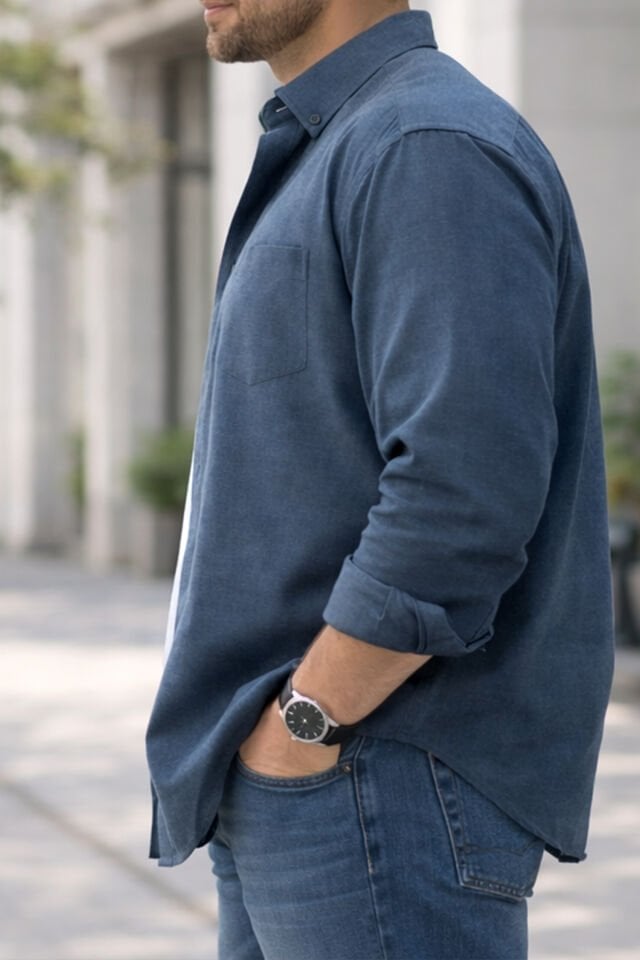Varetta Erkek Slate Mavi Büyük Beden Yaka Düğmeli Uzun Kollu Düz Gömlek