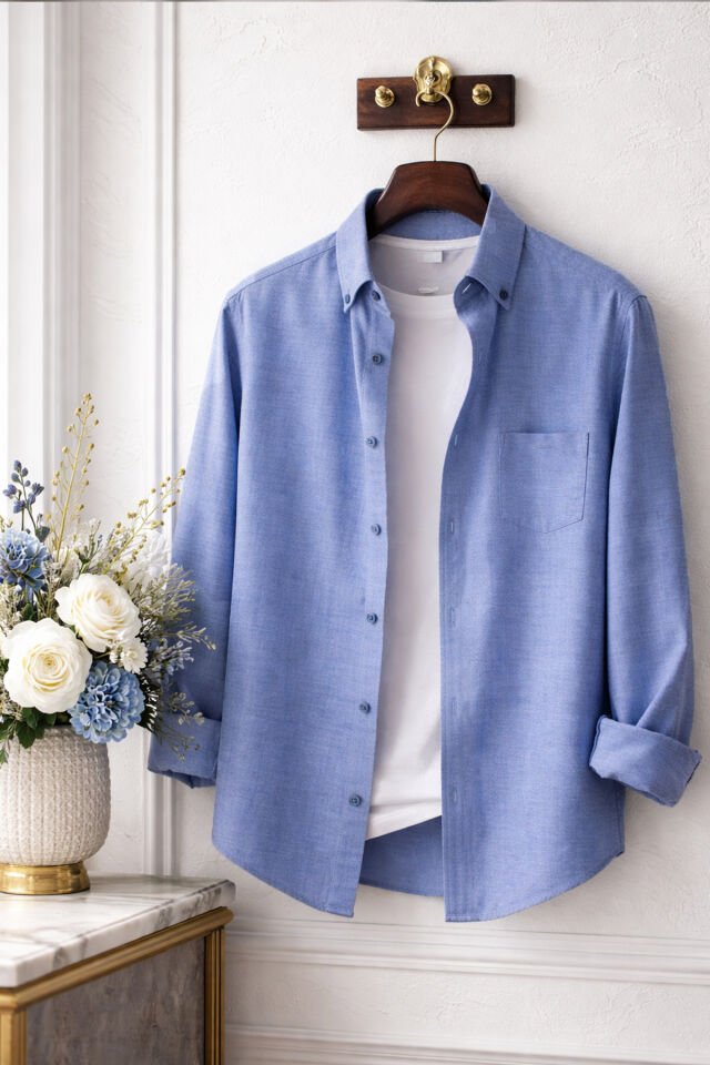 Varetta Erkek Chambre Mavi Büyük Beden Gömlek Yaka Düğmeli Uzun Kollu Düz