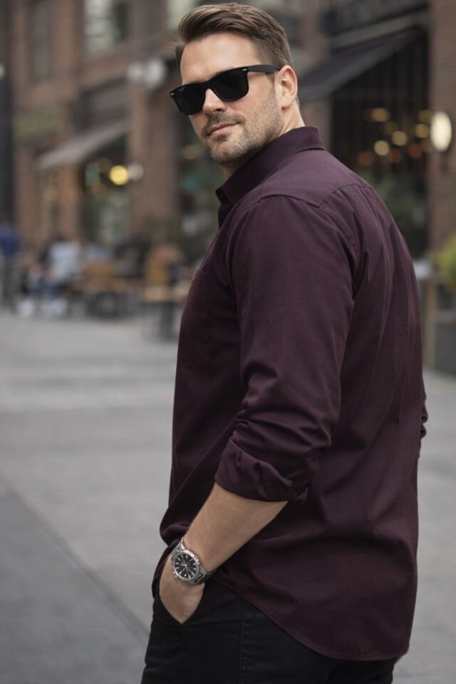 Varetta Erkek Mürdüm Büyük Beden Gömlek Yaka Düğmeli Uzun Kollu Düz