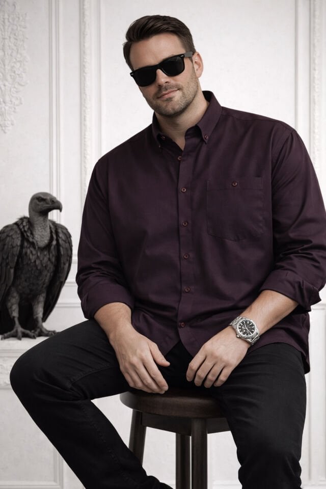 Varetta Erkek Mürdüm Büyük Beden Gömlek Yaka Düğmeli Uzun Kollu Düz