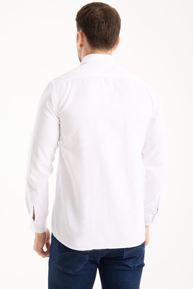 Varetta Erkek Beyaz Çizgili Desenli Gömlek Uzun Kollu, Geniş Kalıp, Tek Cep