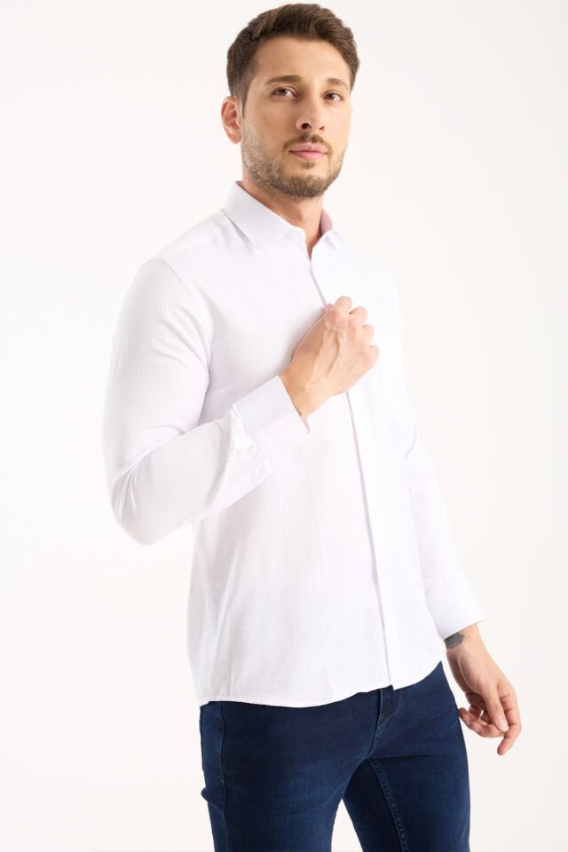 Varetta Erkek Beyaz Çizgili Desenli Gömlek Uzun Kollu, Geniş Kalıp, Tek Cep