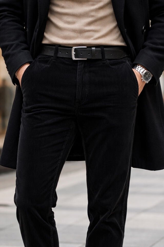 Varetta Erkek Siyah Kışlık İnce Fitilli  Cepli Klasik Kesim Kadife Pantolon