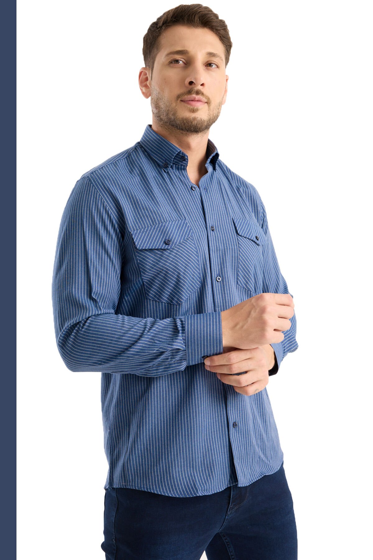 Varetta Erkek Lacivert Kareli Çift Cepli Pamuklu Uzun Kollu Gömlek