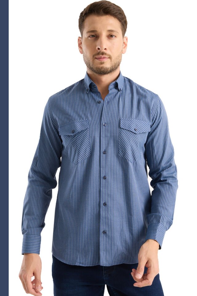 Varetta Erkek Lacivert Kareli Çift Cepli Pamuklu Uzun Kollu Gömlek