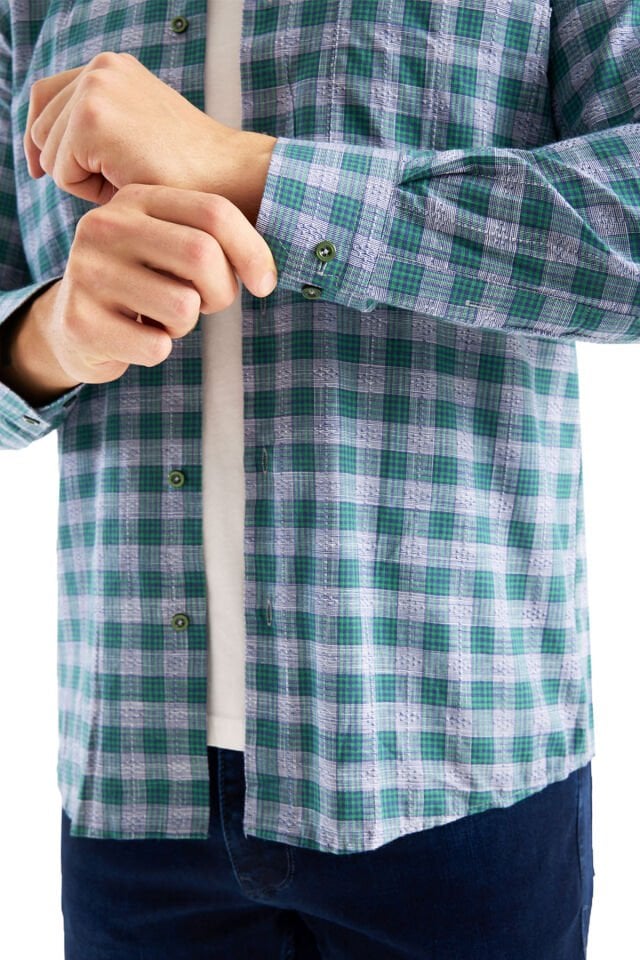 Varetta Erkek Gömlek Turkuaz Yeşil Uzun Kollu Pamuklu Kareli Cepli Rahat Günlük Şık Klasik Model