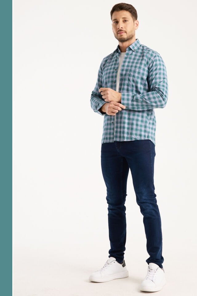 Varetta Erkek Gömlek Turkuaz Yeşil Uzun Kollu Pamuklu Kareli Cepli Rahat Günlük Şık Klasik Model