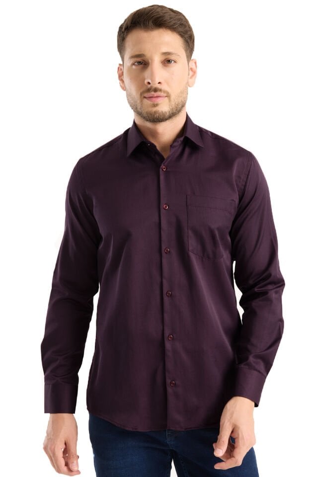 Varetta Erkek Gömlek Mürdüm Uzun Kollu Pamuklu Düz Renk Cepli Model