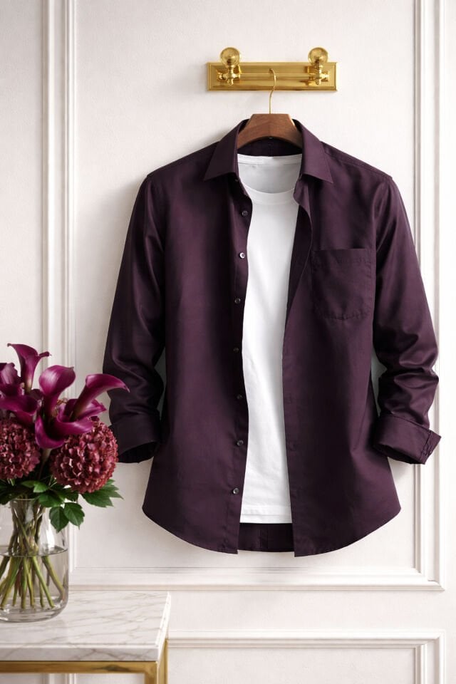 Varetta Erkek Gömlek Mürdüm Uzun Kollu Pamuklu Düz Renk Cepli Model