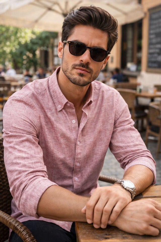 Varetta Erkek Pembe Keten Gömlek Cepli %100 Pamuk Uzun Kollu Geniş Kesim