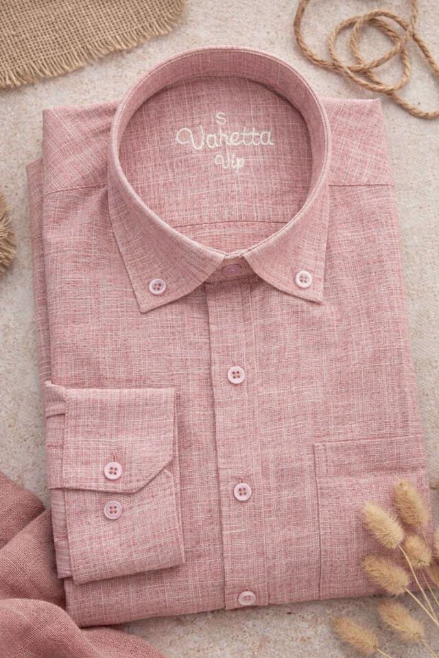 Varetta Erkek Pembe Keten Gömlek Cepli %100 Pamuk Uzun Kollu Geniş Kesim