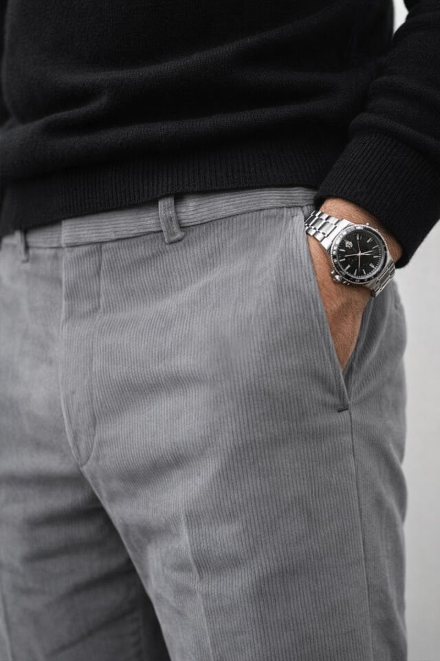 Varetta Erkek Gri Kışlık Kadife İnce Fitilli  Cepli Kadife Pantolon