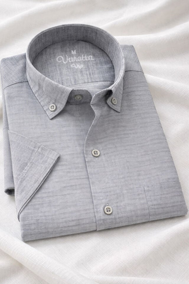 Varetta Erkek Gri Kısa Kollu Gömlek Yaka Düğmeli Rahat Kesim Yazlık Gömlek