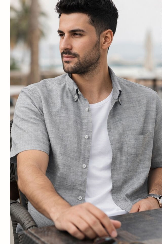 Varetta Erkek Gri Kısa Kollu Gömlek Yaka Düğmeli Rahat Kesim Yazlık Gömlek