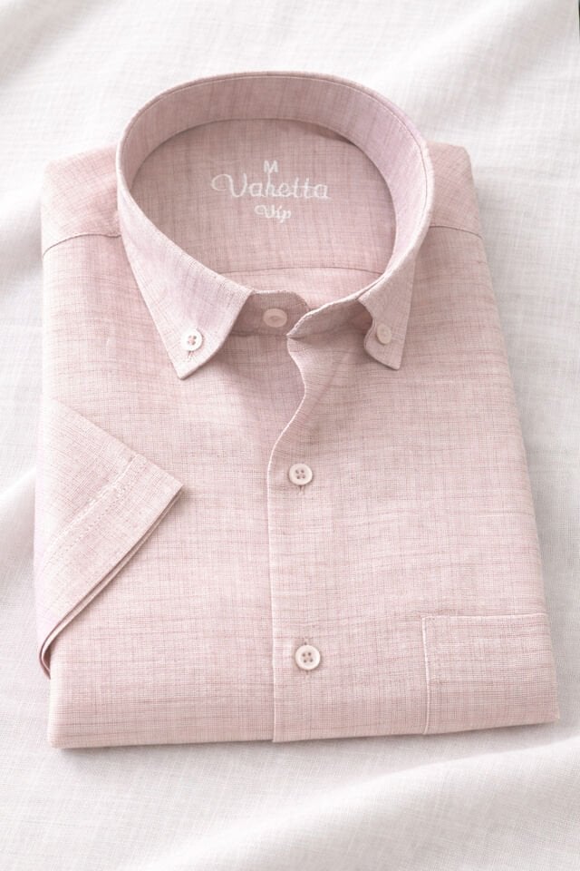 Varetta Erkek Kısa Kollu Gömlek  Somon Bej  Yaka Düğmeli Cepli Yazlık Casual