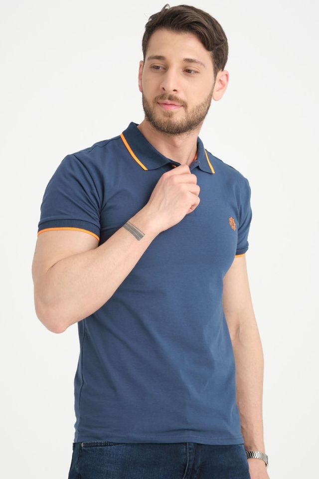 Varetta Erkek indigo Pamuklu Polo Yaka Kısa Kollu T shirt