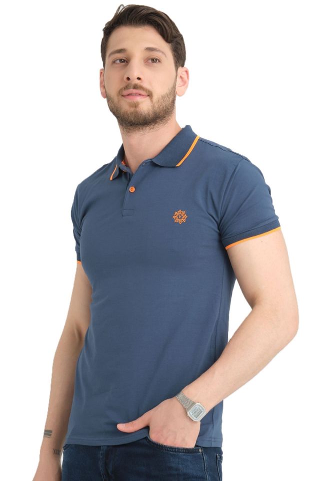 Varetta Erkek indigo Pamuklu Polo Yaka Kısa Kollu T shirt