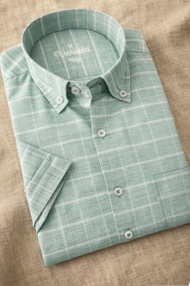 Varetta Erkek Kısa Kollu Gömlek Yeşil Yaka Düğmeli Cepli Yazlık Casual