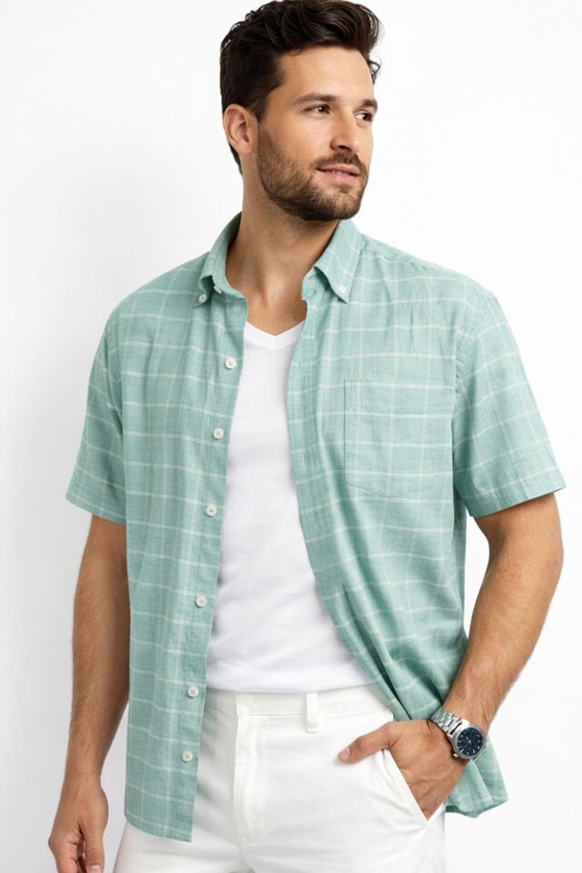 Varetta Erkek Kısa Kollu Gömlek Yeşil Yaka Düğmeli Cepli Yazlık Casual