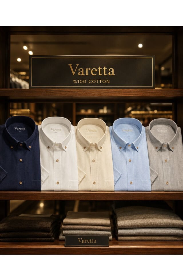 Varetta Erkek Mavi Keten Gömlek Klasik Rahat Kesim Cepli Kısa Kollu