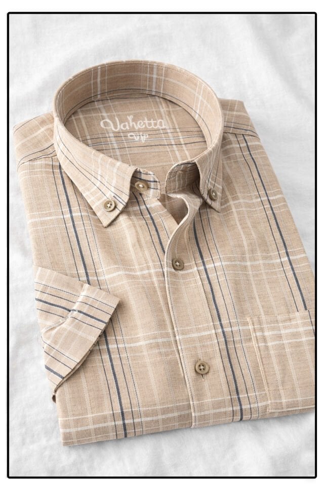 Varetta Erkek Kısa Kollu Gömlek Bej Yaka Düğmeli Cepli Yazlık Casual