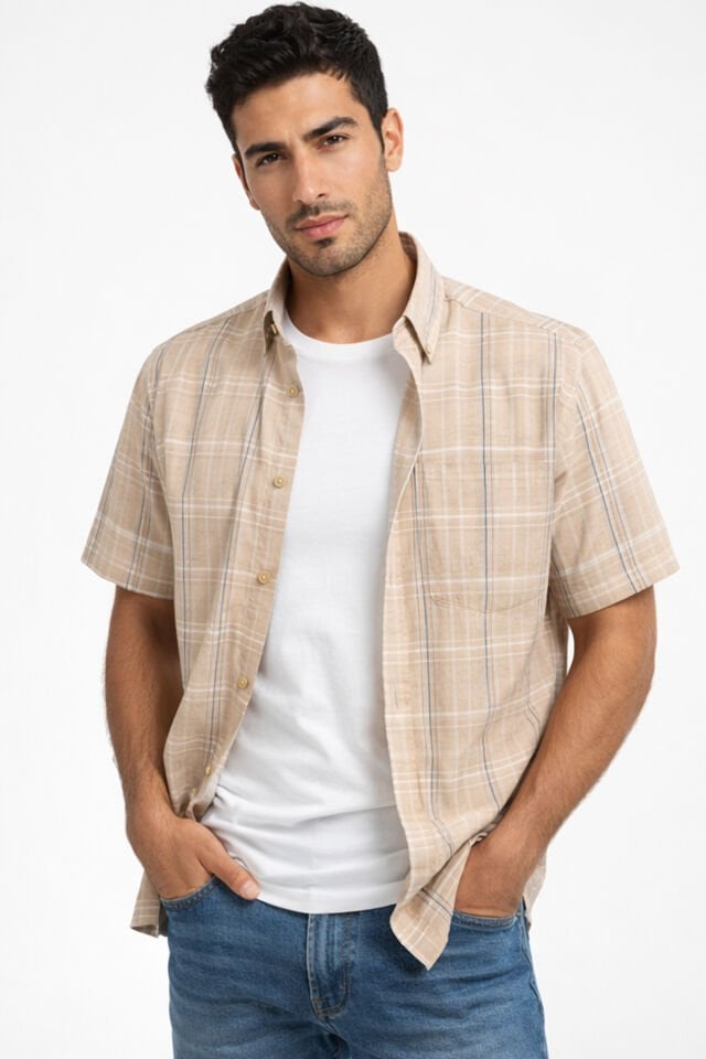 Varetta Erkek Kısa Kollu Gömlek Bej Yaka Düğmeli Cepli Yazlık Casual