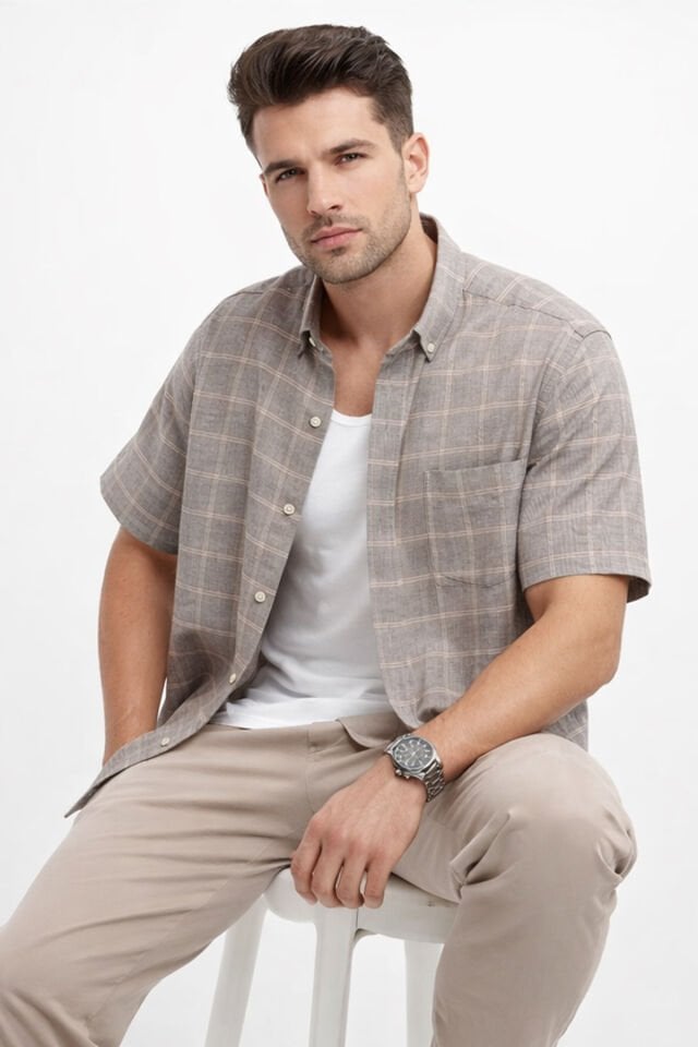 Varetta Erkek Kısa Kollu Gömlek Kahve Keten Efektli Yaka Düğmeli Cepli Yazlık