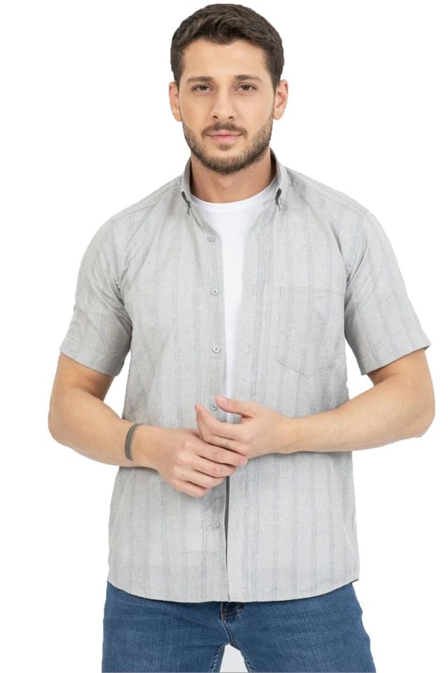 Varetta Erkek Gri Çizgili Cepli Yazlık Kısa Kollu Gömlek