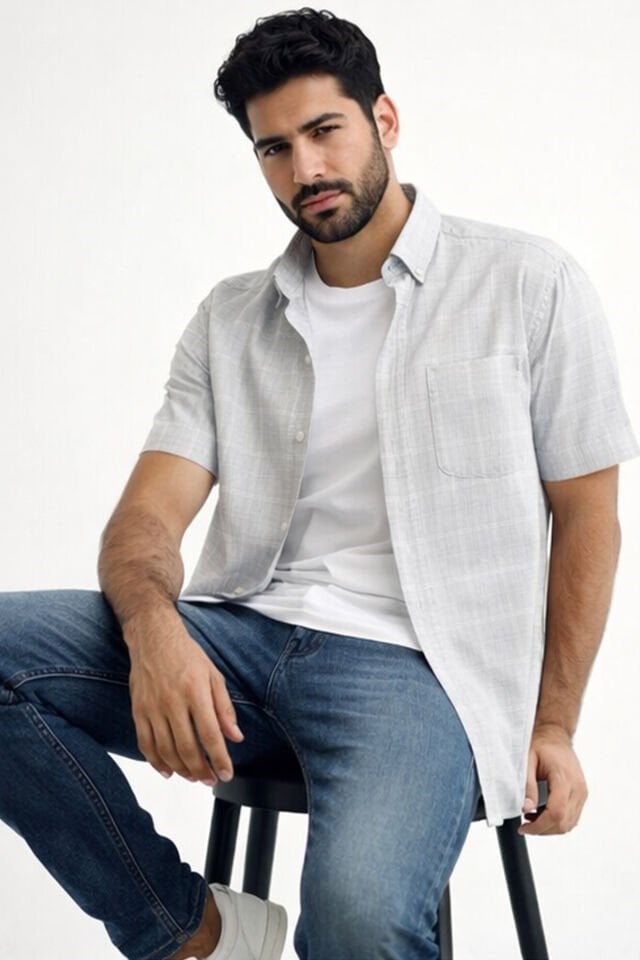 Varetta Erkek Kısa Kollu Gömlek Gri Keten Efektli Yaka Düğmeli Cepli Yazlık