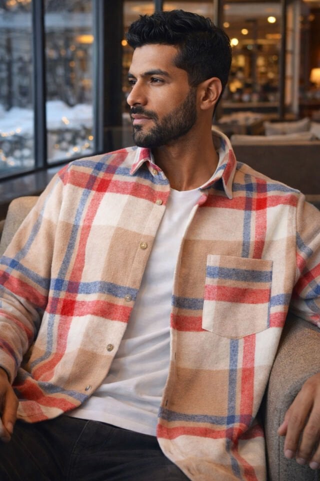 Varetta Erkek Bej  Oduncu Gömlek Kareli Ekose Klasik Kesim Tek Cepli