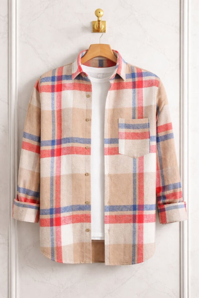 Varetta Erkek Bej  Oduncu Gömlek Kareli Ekose Klasik Kesim Tek Cepli