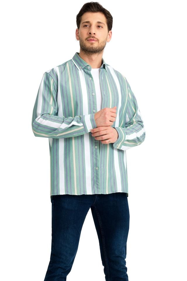 Varetta Yeşil Çizgili Keten Pamuklu Cepsiz Uzun Kollu Gömlek