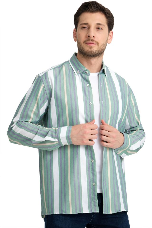 Varetta Yeşil Çizgili Keten Pamuklu Cepsiz Uzun Kollu Gömlek