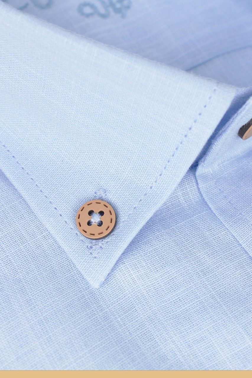 Erkek Mavi Keten Klasik Kesim Kısa Kollu Gömlek