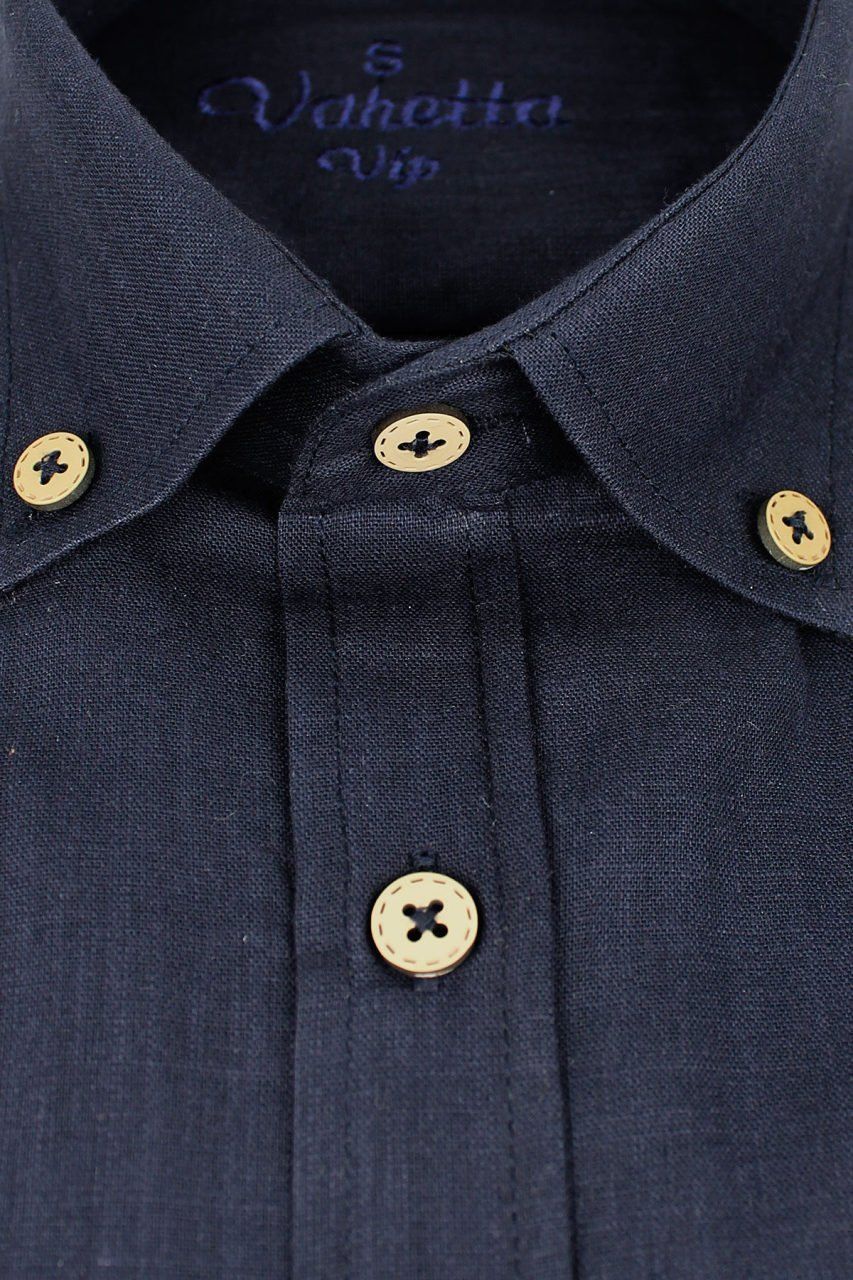 Erkek Lacivert Keten Klasik Kesim Kısa Kollu Gömlek