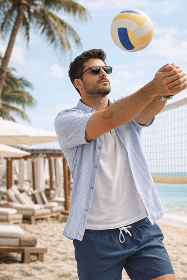 Varetta Erkek Grimsi Mavi Gömlek Çizgili Pamuklu Cepli Yazlık Kısa Kollu