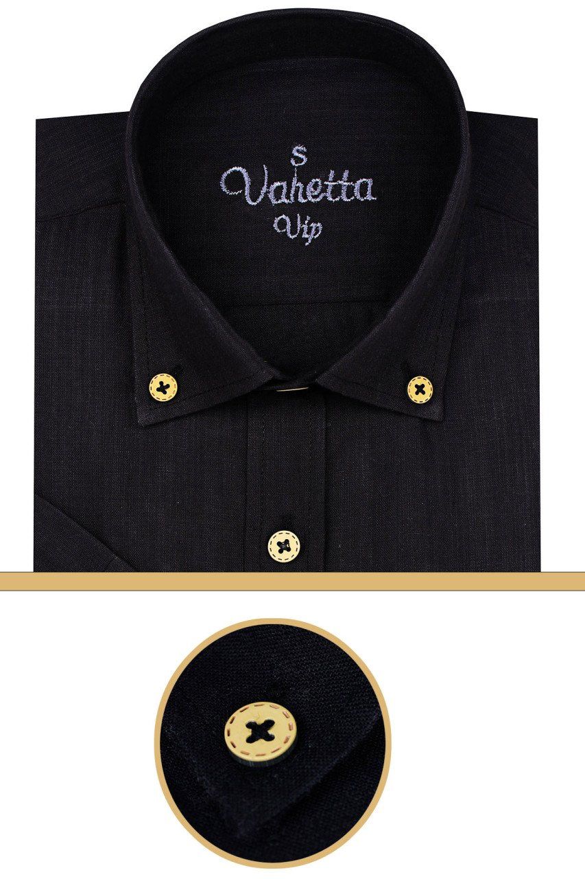 Varetta Erkek Siyah Keten Geniş Kesim Kısa Kollu Gömlek