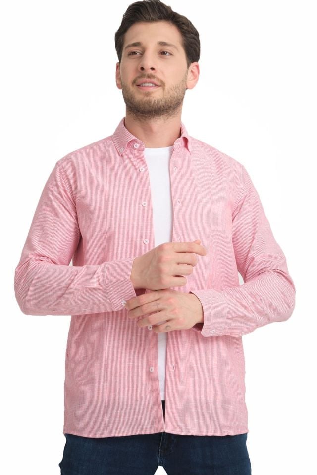Varetta Pembe Çizgili Keten Pamuklu Cepsiz Uzun Kollu Gömlek