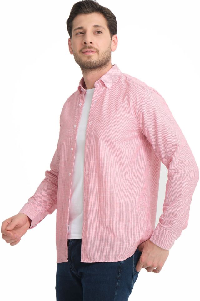 Varetta Pembe Çizgili Keten Pamuklu Cepsiz Uzun Kollu Gömlek