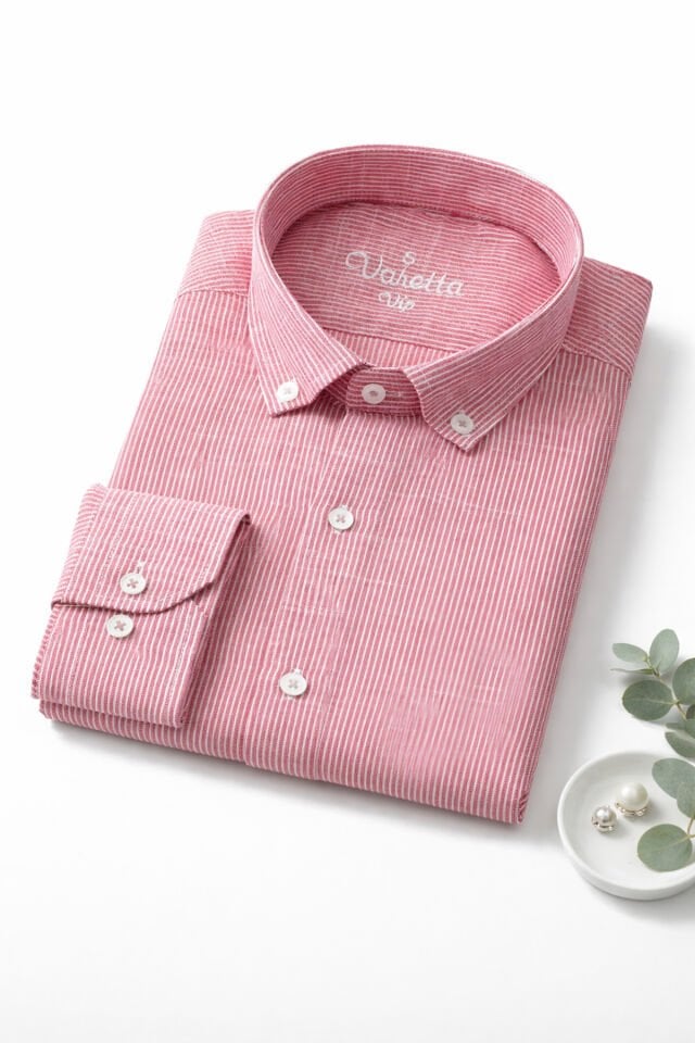 Varetta Pembe Çizgili Keten Pamuklu Cepsiz Uzun Kollu Gömlek