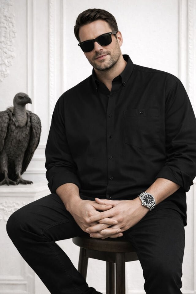 Varetta Erkek Siyah Büyük Beden Yaka Düğmeli Uzun Kollu Düz Gömlek