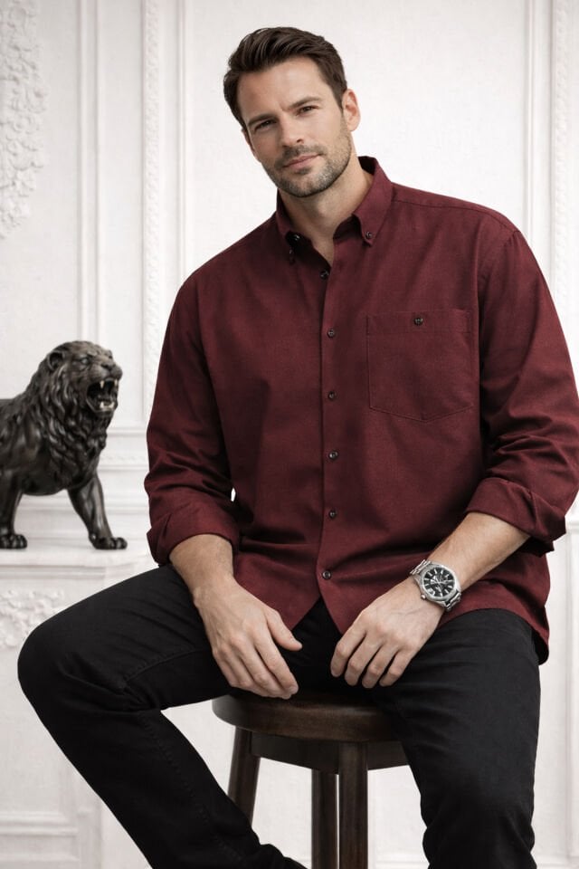 Varetta Erkek Bordo Büyük Beden Gömlek Yaka Düğmeli Uzun Kollu