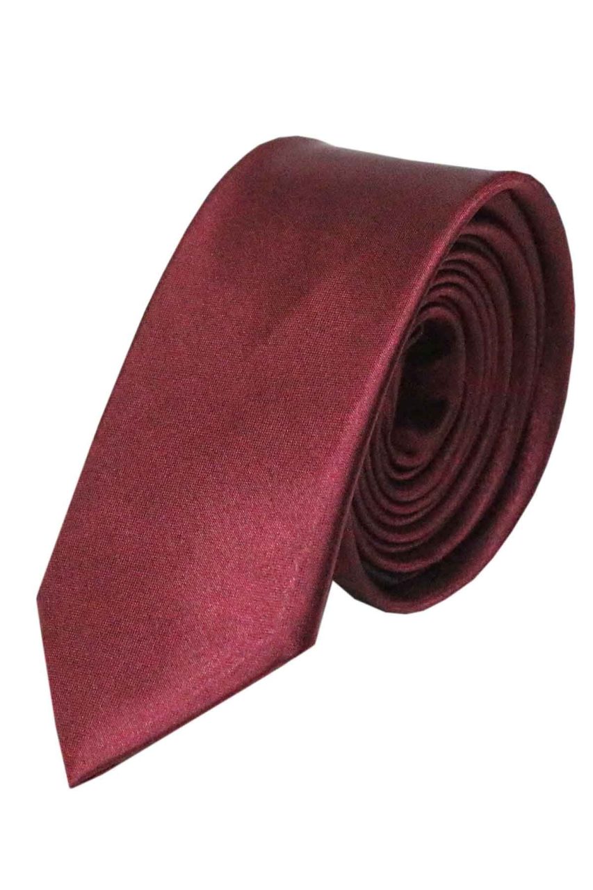 Erkek Bordo Dar Kesim Saten Düz Mendilli Kravat