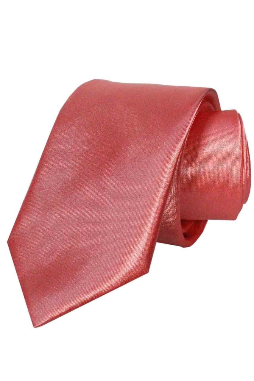 Erkek Koyu Somon Rengi Dar Kesim Saten Düz Mendilli Kravat