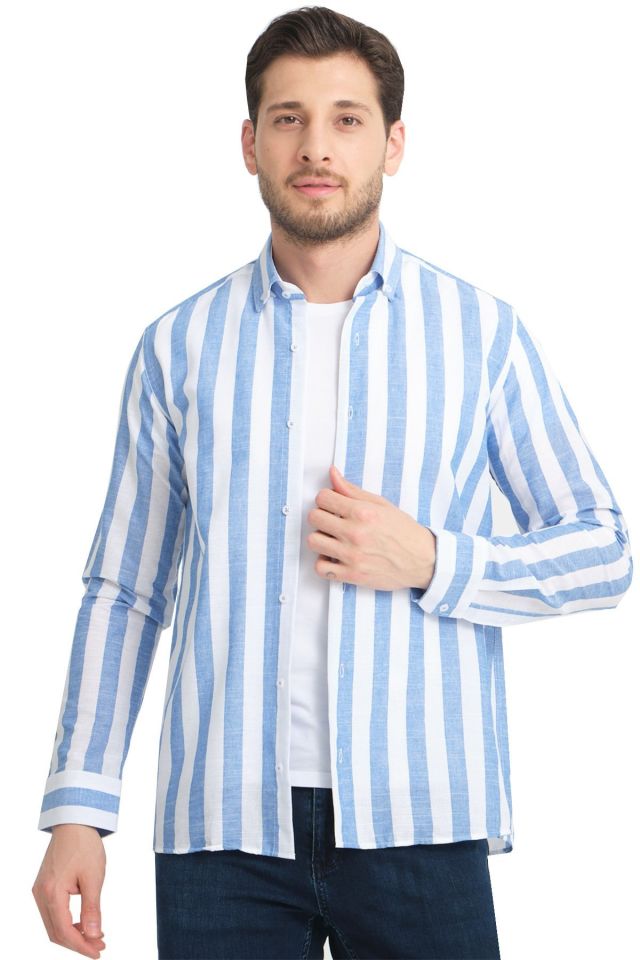 Varetta Mavi Çizgili Keten Pamuklu Cepsiz Uzun Kollu Gömlek