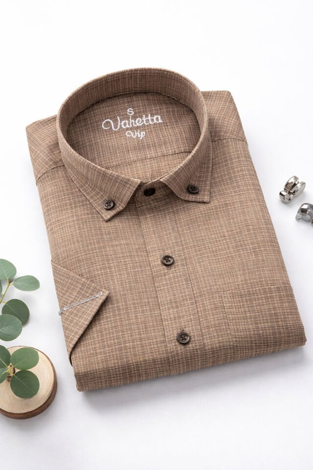 Varetta Erkek Kahverengi Pamuklu Cepli Yazlık Kısa Kollu Gömlek