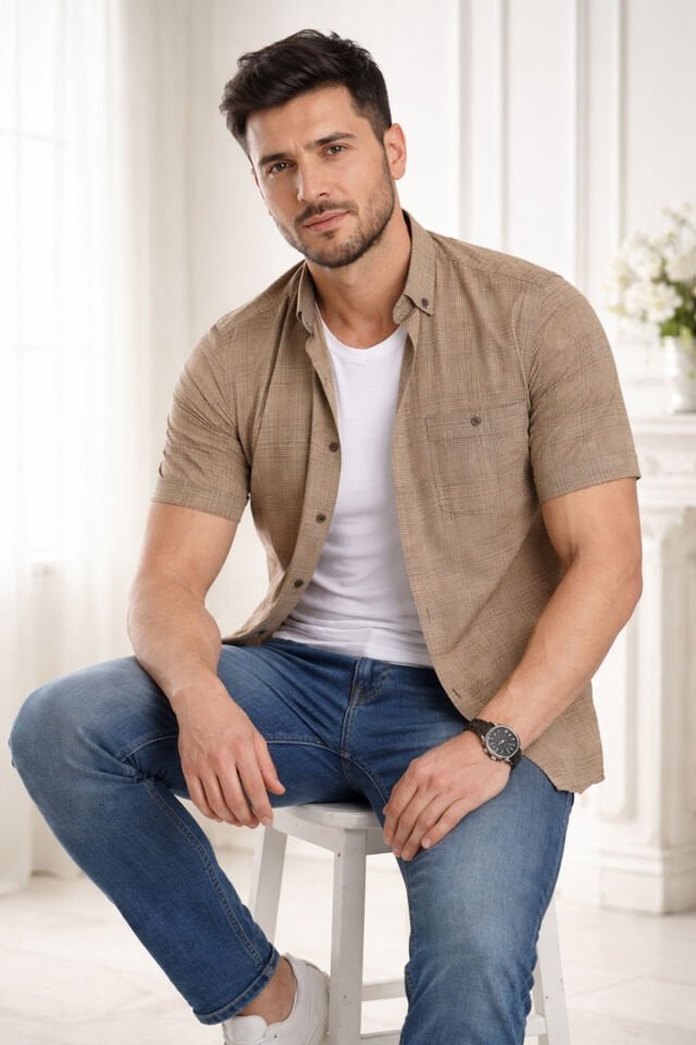 Varetta Erkek Kahverengi Pamuklu Cepli Yazlık Kısa Kollu Gömlek