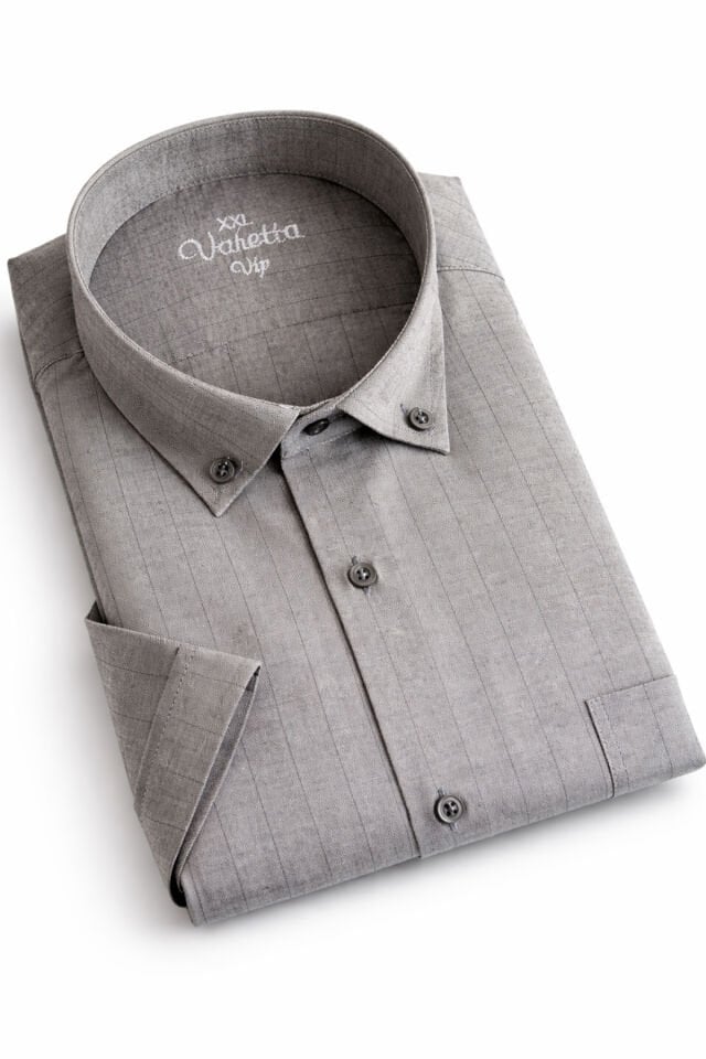 Varetta Büyük Beden Çizgili Kısa Kollu Erkek Gömlek  Yaka Düğmeli Tek Cepli Yazlık Gömlek