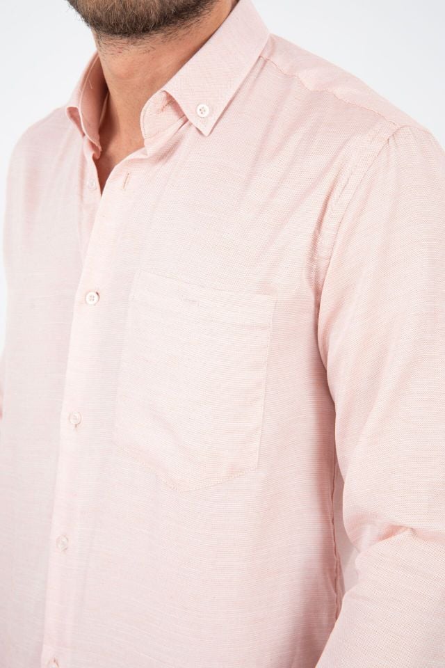 Varetta Erkek Yavruağzı Rengi Uzun Kollu Düz Yaka Düğmeli Cepli Gömlek