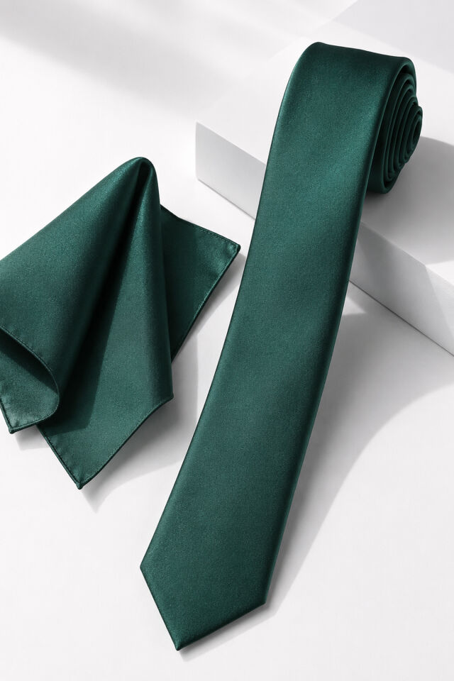Varetta Erkek Yeşil Kravat Mendilli  Slim Fit Dar Kesim Düz Kravat Askısı Hediyeli